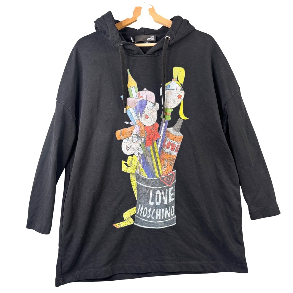 Love Moschino Womens Black Graphic Print Hooded Sweatshirt Dress Size US 2 IT 38
